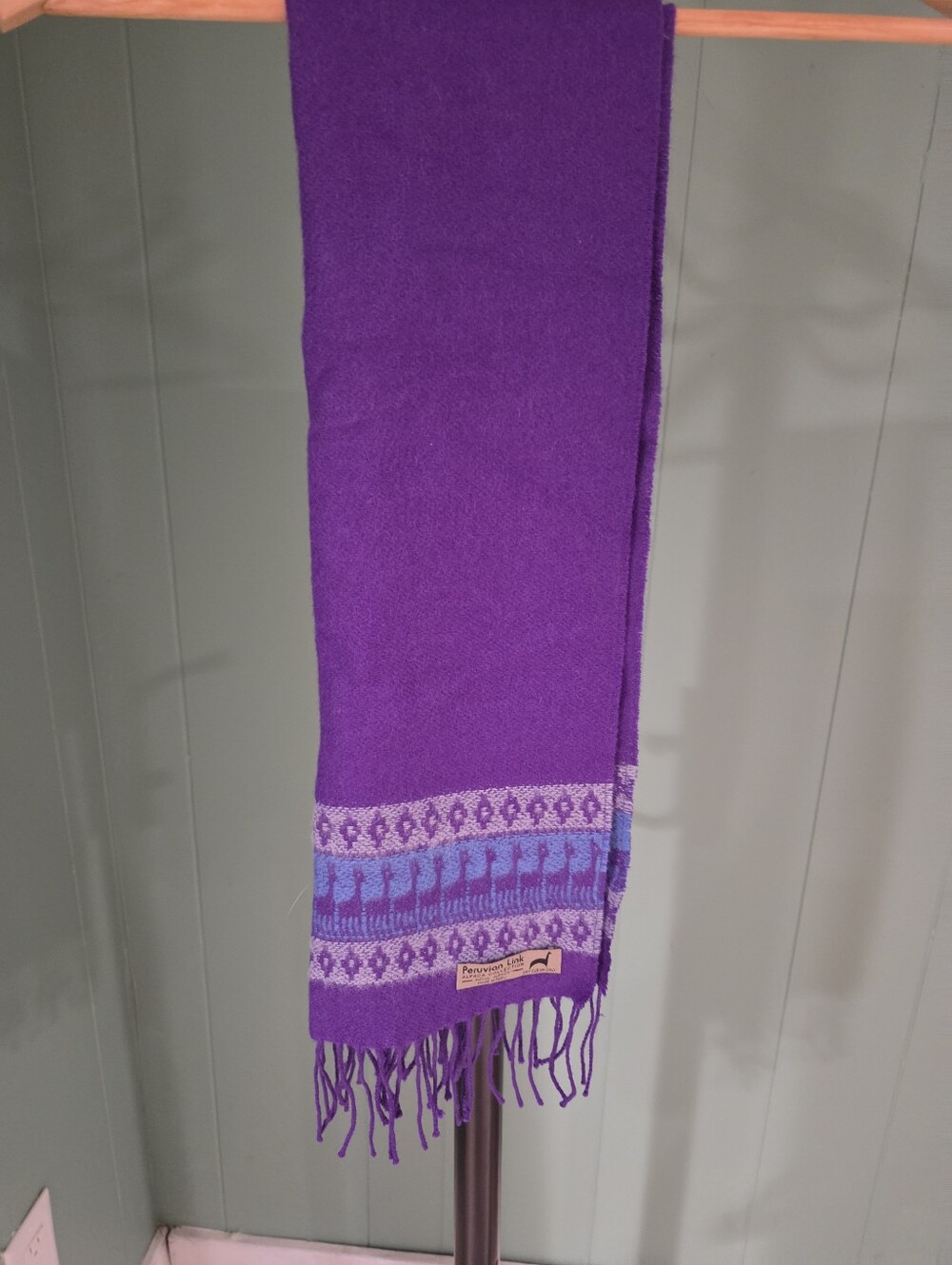 Alpaca Purple Scarf with Tribal Patterned Border. Eclectic, Bohemian, Avant-gard